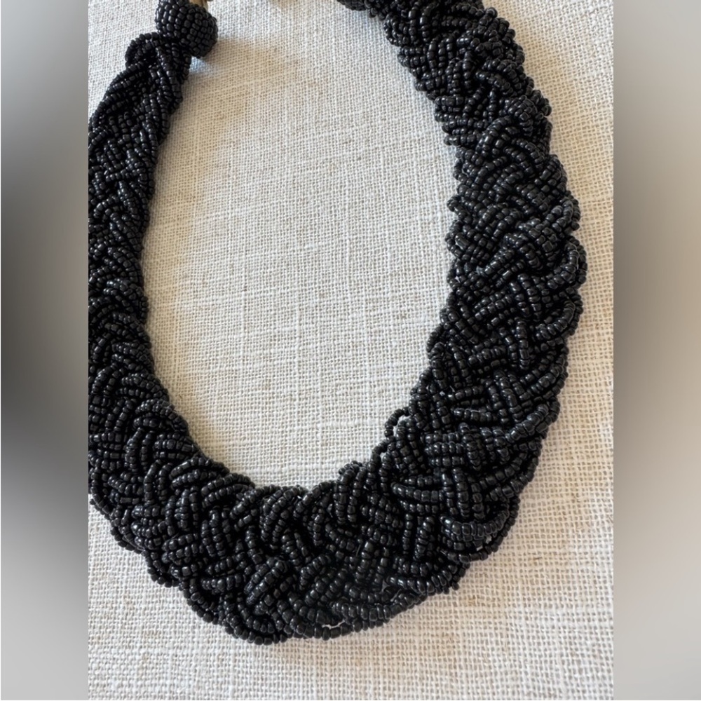 Black Beaded Statement Necklace Bib Collar Braided Adjustable Costume Chunky - Picture 6 of 8